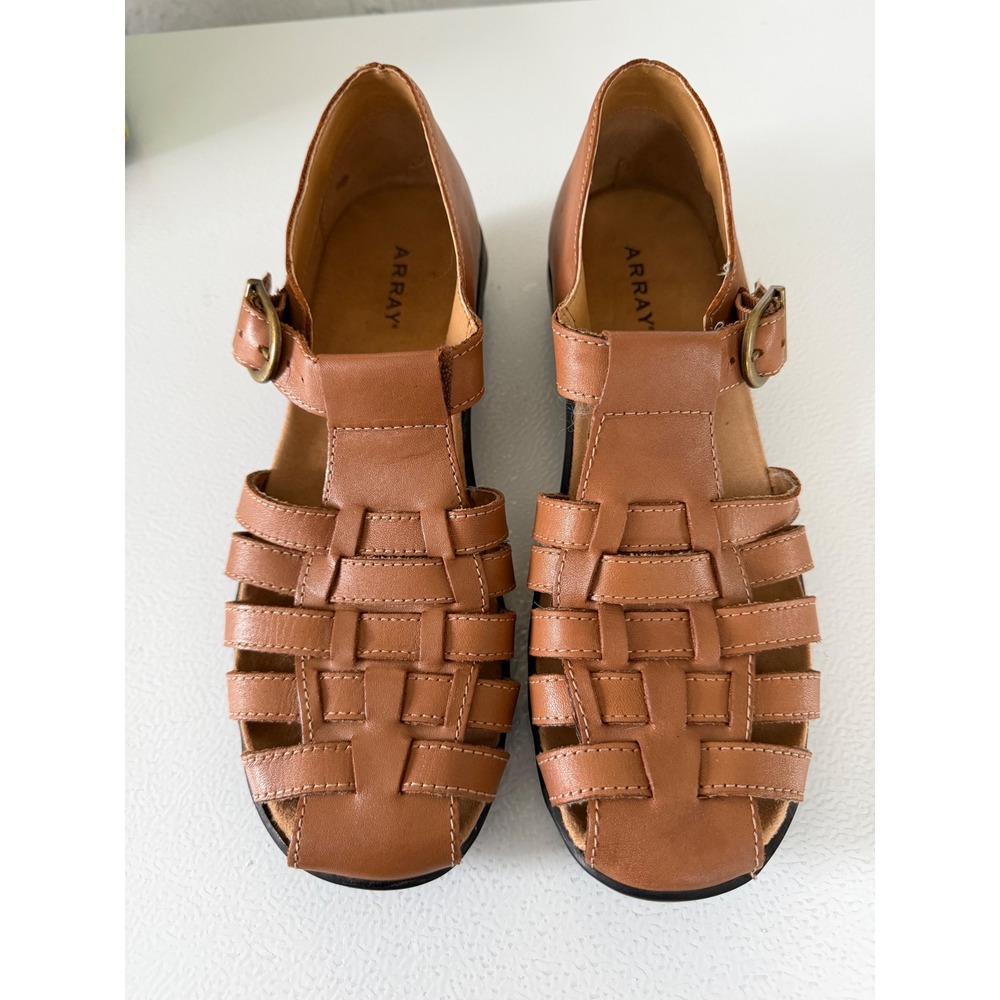 Array Aruba Tan Leather Fisherman Sandals Women 8N Brown Woven Buckle Flats